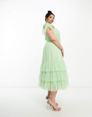 Lace & Beads Plus Lace & Beads Plus exclusive tie shoulder tiered midi dress in sage-Green