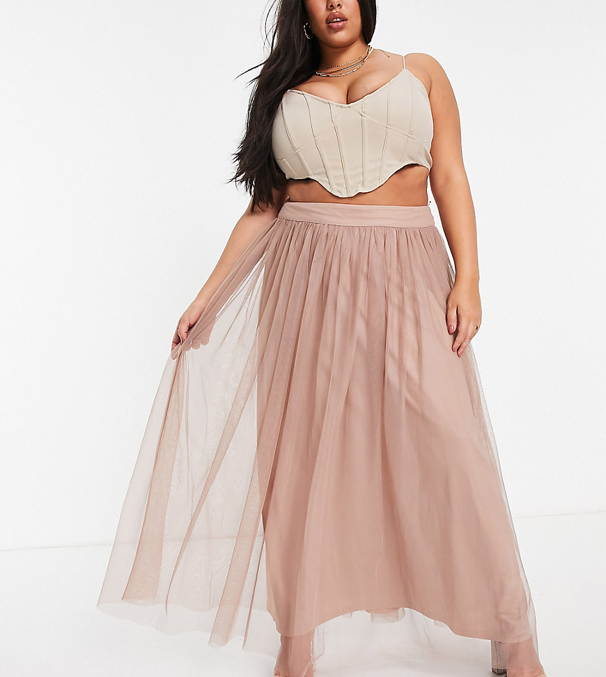 Lace & Beads Plus exclusive tulle maxi skirt in mink-Pink