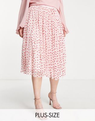 Lace & Beads Plus exclusive tulle midi skirt in blush micro heart print