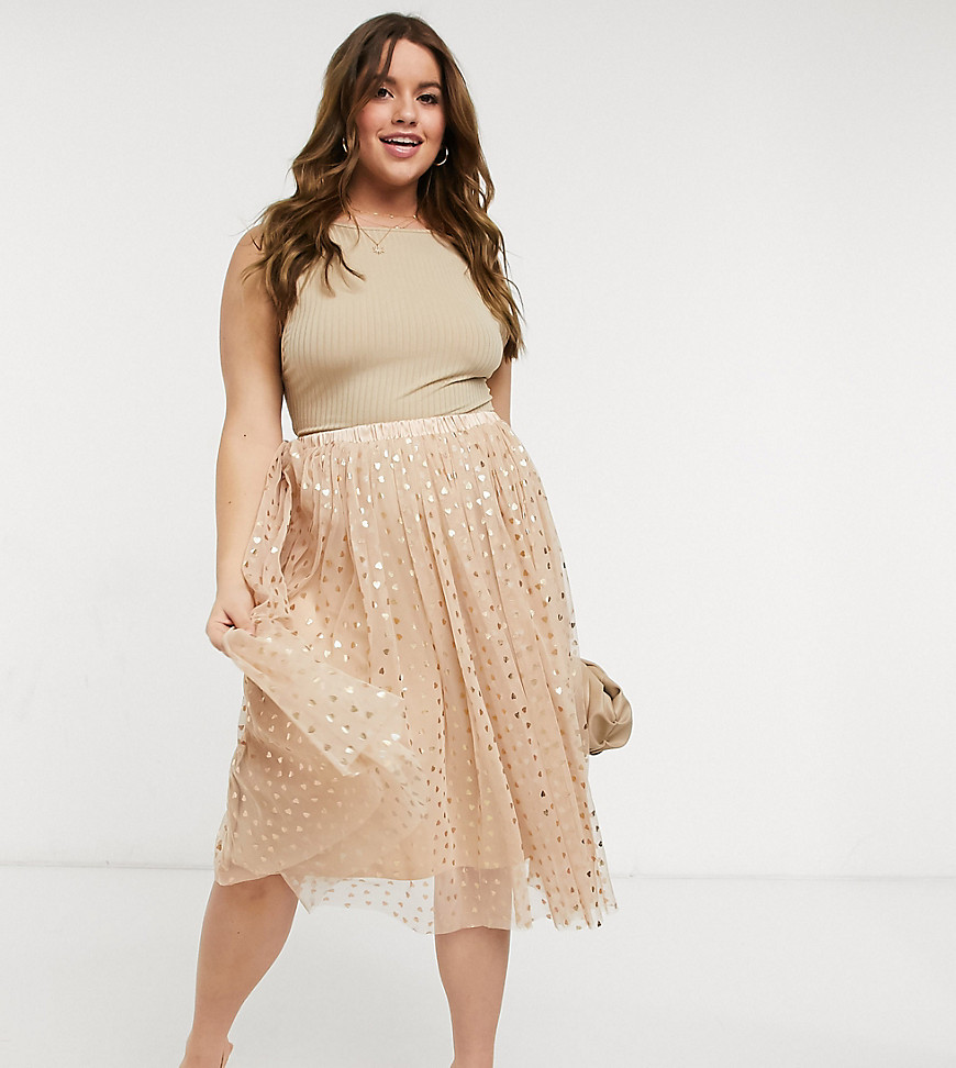 Lace & Beads Plus Exclusive tulle midi skirt in rose gold metallic hearts