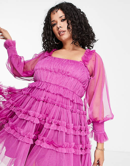 Women Lace & Beads Plus exclusive tulle smock mini dress in purple 