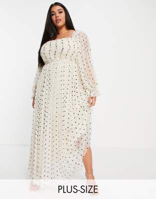 Lace & Beads Plus exclusive wrapped bodice maxi dress in cream polka dot print-White