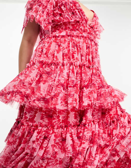Lace & Beads Plus - Exclusives - Maxi-jurk met fladdermouwen, ruches en bloemenprint in rood, 2 van 4