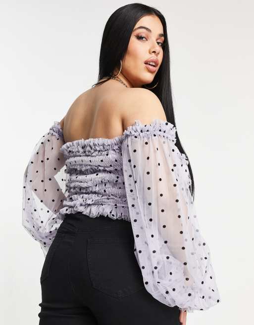 Lace & Beads Plus - Exclusives - Tule top met blote schouders en stippen in lila, 2 van 4