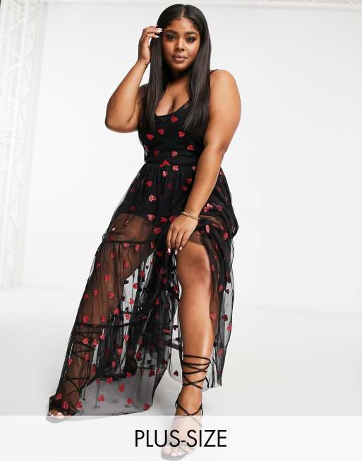 Lace & Beads Plus - Exclusivité - Robe à superposition tulle transparent avec motifs cœurs métallisés
