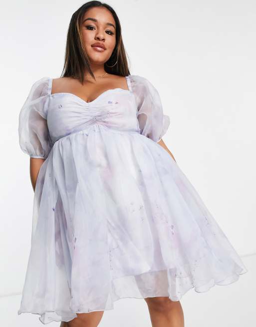 Lace & Beads Plus - Exclusivité - Robe babydoll courte à manches bouffantes - Lilas fleuri, 4 de 4