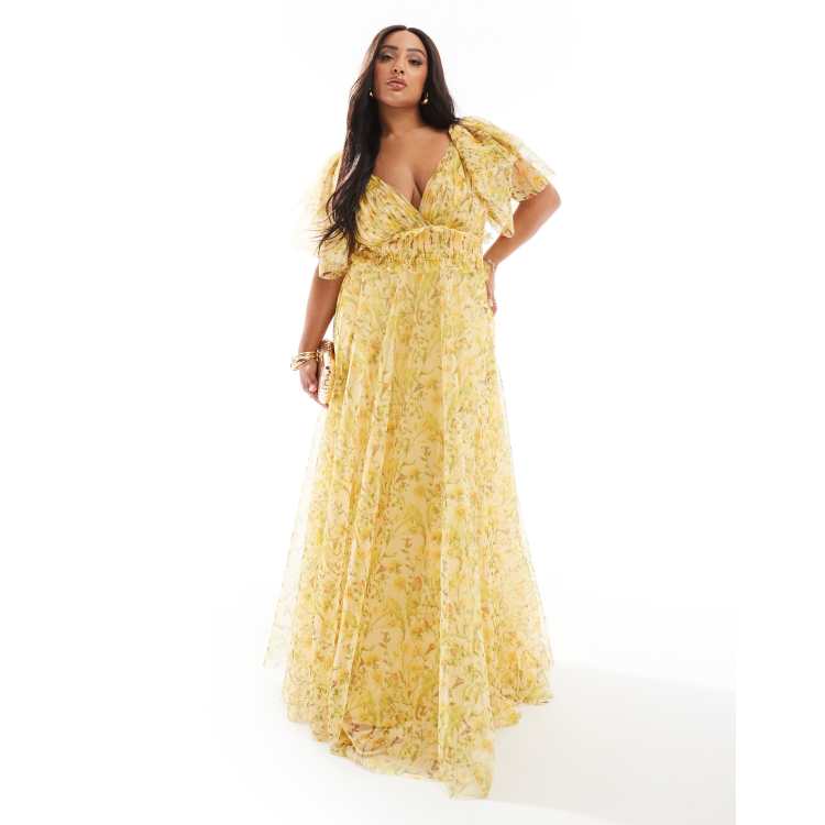 Lace & Beads Plus flutter sleeve tiered tulle maxi dress in yellow floral |  ASOS