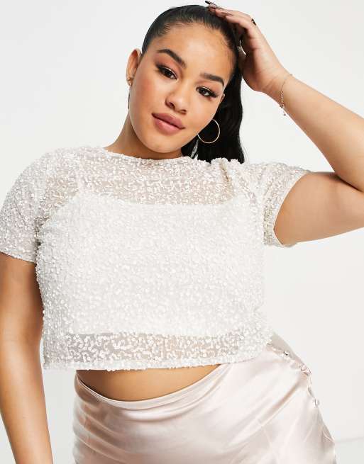 Lace & Beads Plus – För bruden – Benvit utsmyckad topp med korta ärmar, del av set, 4 av 4