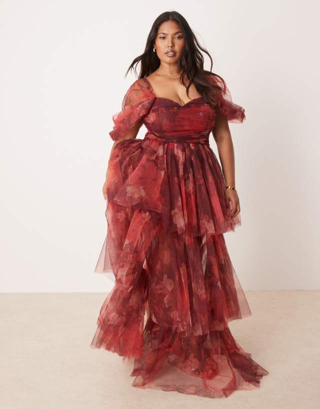 Lace & Beads Plus - Fuchsia offshoulder-maxikjole med blomstermønster i tyl - view 1