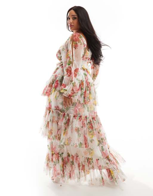Lace & Beads Plus - Gennemsigtig, lagdelt maxikjole med farverigt blomstermønster i tyl, 2 af 4