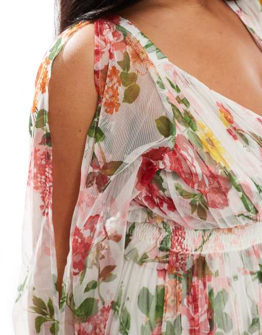 Lace & Beads Plus - Gennemsigtig, lagdelt maxikjole med farverigt blomstermønster i tyl, 3 af 4