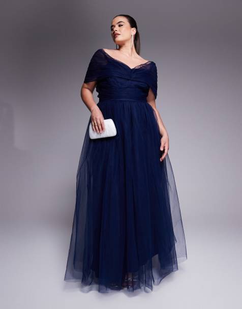 Lace & Beads Plus bow off shoulder tulle maxi dress in navy
