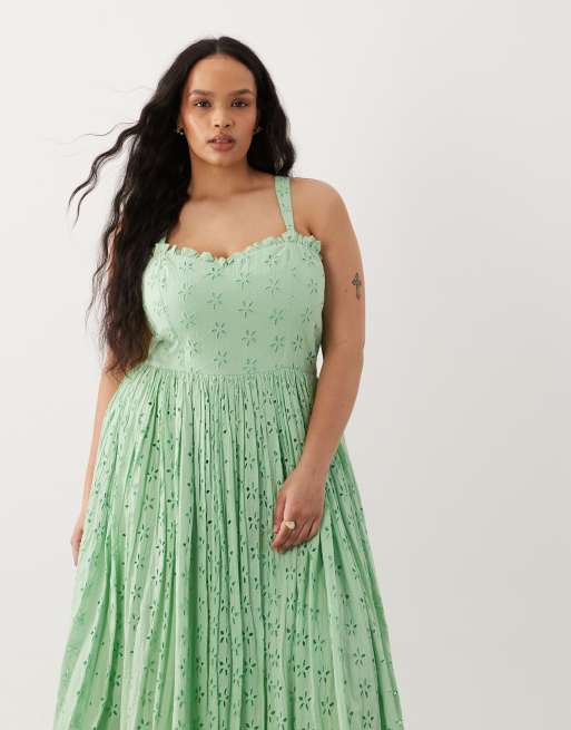 Lace & Beads Plus - Grøn midaxi-kjole med korsetsnit i broderie anglaise-bomuld, 2 af 4