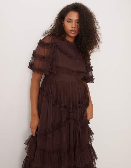 Lace & Beads Plus high neck short sleeve tulle maxi dress in chocolate plum