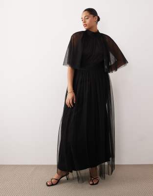 Lace & Beads Plus High Neck Tulle Maxi Dress In Multi