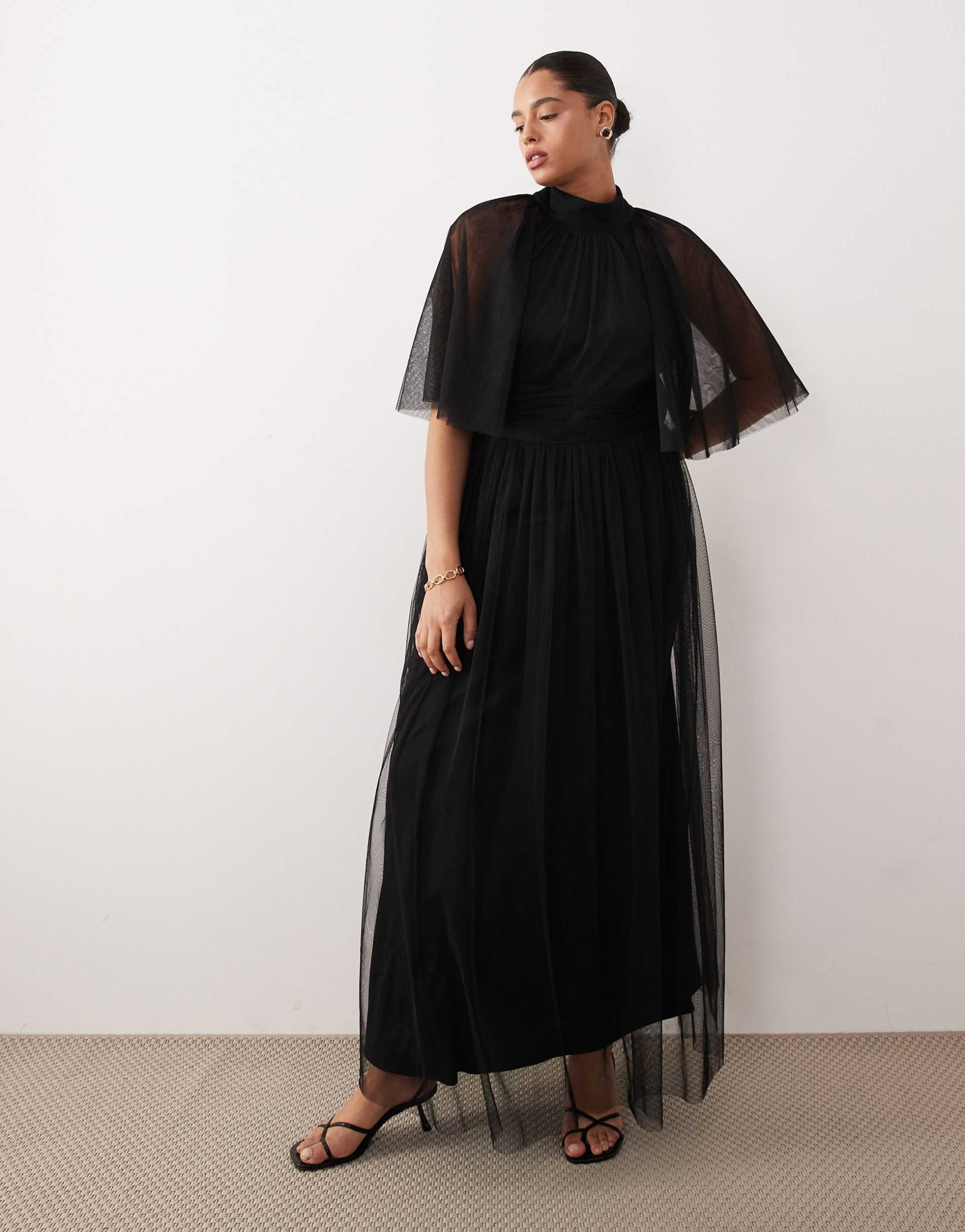 lace & beads plus high neck tulle maxi dress in black