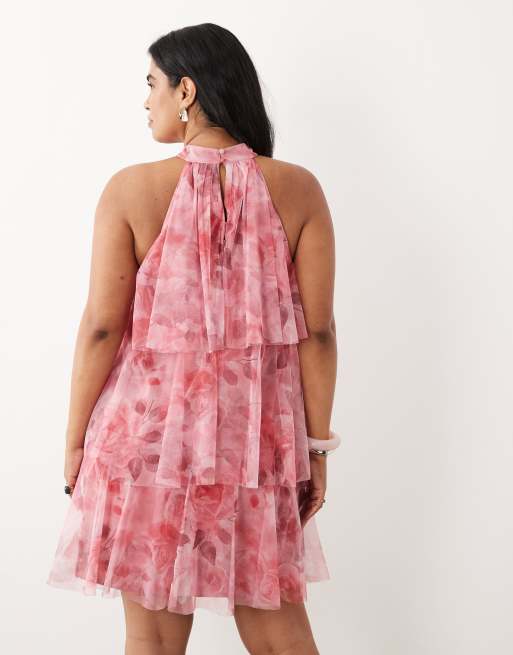 Lace & Beads Plus - Højhalset lagdelt minikjole i mørk pink roseprint i tyl , 4 af 4