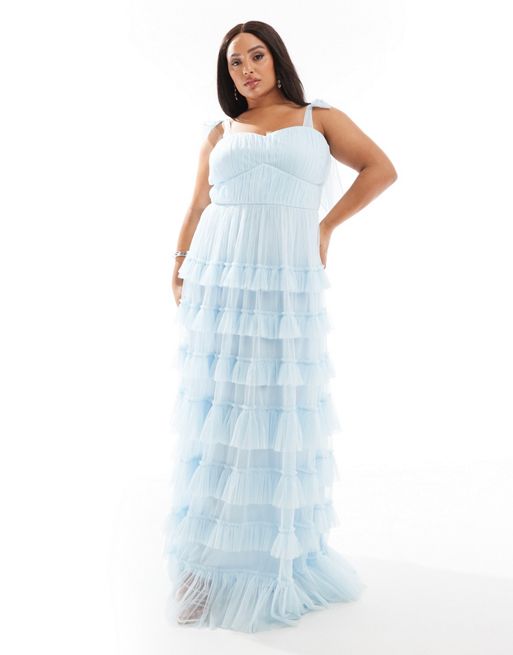 Lace & Beads Plus – Jasnoniebieska warstwowa sukienka midaxi z falbankami 