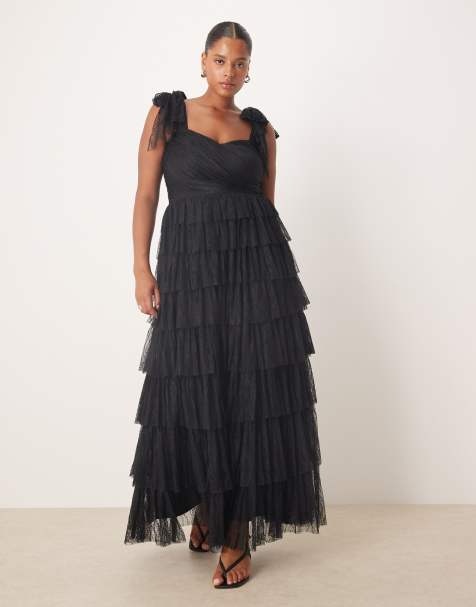 Lace & Beads Plus lace bow shoulder tiered maxi dress in black - view 1