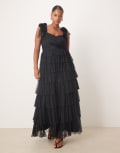 [Lace & Beads Plus] Lace & Beads Plus lace bow shoulder tiered maxi dress in black 28 Black