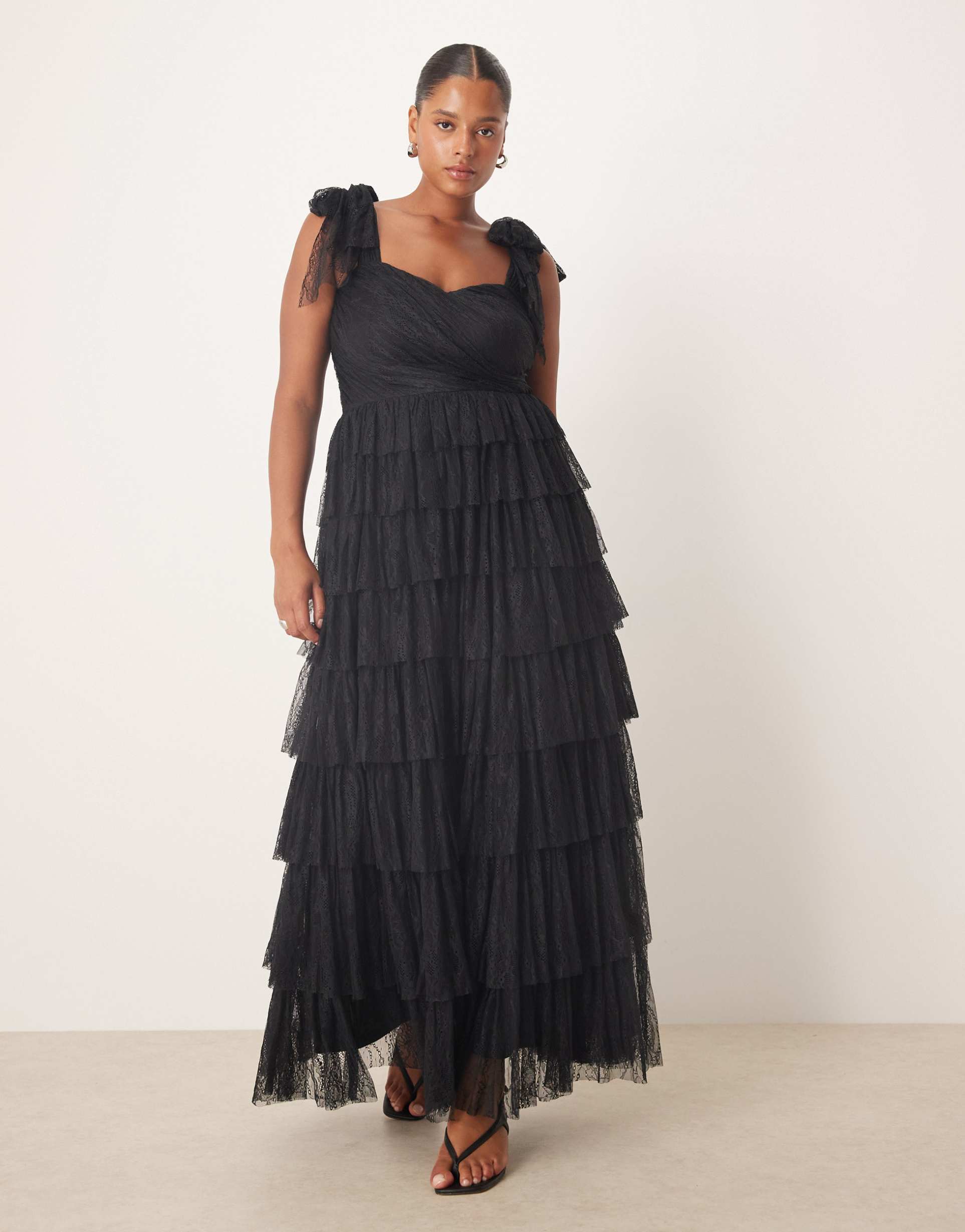 lace & beads plus lace bow shoulders tiered maxi dress in black