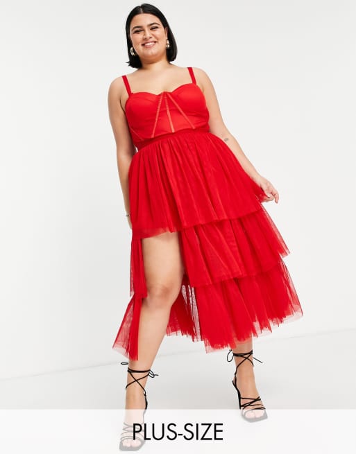 Lace & Beads Plus - Lagdelt midikjole med korset i rød tyl