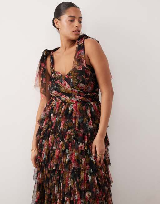 Lace & Beads Plus - L'invitée - Ophelia - Robe longue en tulle à fleurs avec nœuds aux épaules - Noir, 2 de 4