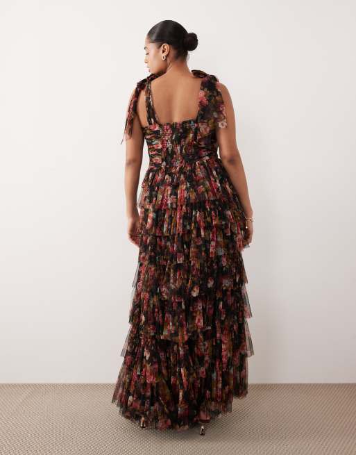Lace & Beads Plus - L'invitée - Ophelia - Robe longue en tulle à fleurs avec nœuds aux épaules - Noir, 3 de 4