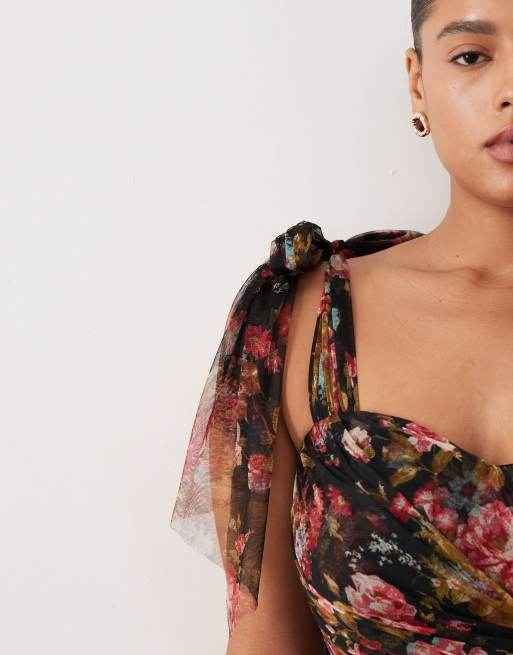 Lace & Beads Plus - L'invitée - Ophelia - Robe longue en tulle à fleurs avec nœuds aux épaules - Noir, 4 de 4