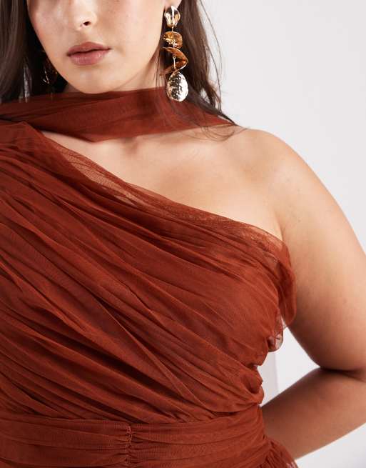 Lace & Beads Plus - L'invitée - Robe longue asymétrique avec foulard à l'encolure - Rouille, 3 de 4