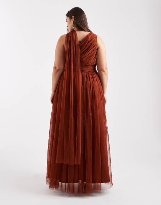 Lace & Beads Plus - L'invitée - Robe longue asymétrique avec foulard à l'encolure - Rouille, 4 de 4
