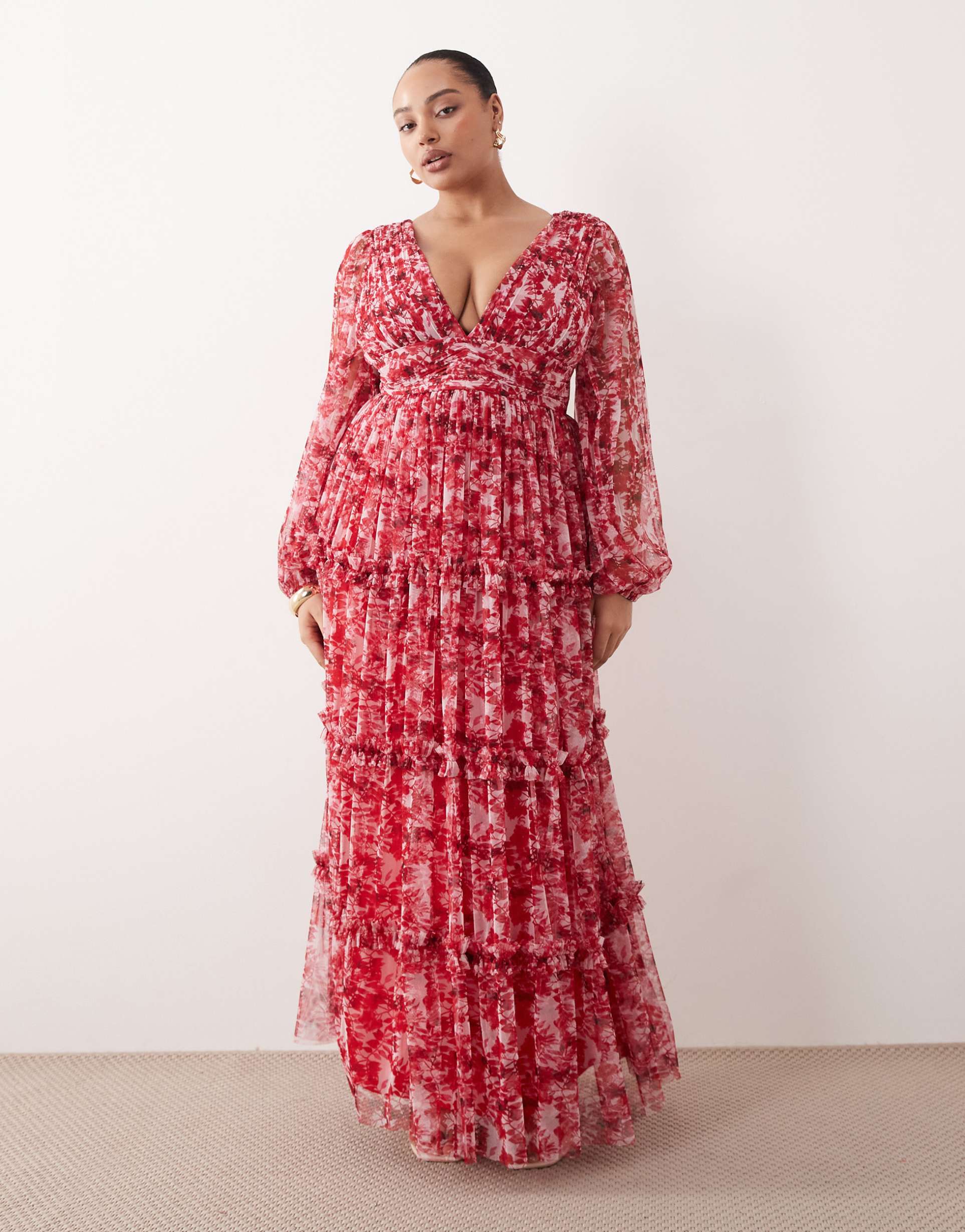 lace & beads plus long sleeve detailing tiered tulle maxi dress in pink and red floral