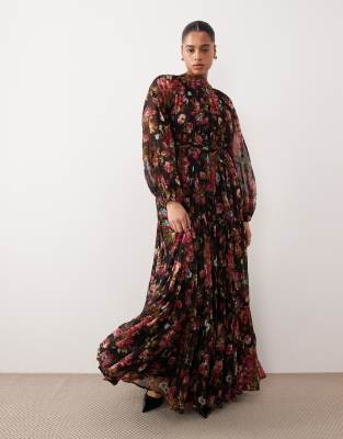 Lace & Beads Plus long sleeve maxi dress in black floral print
