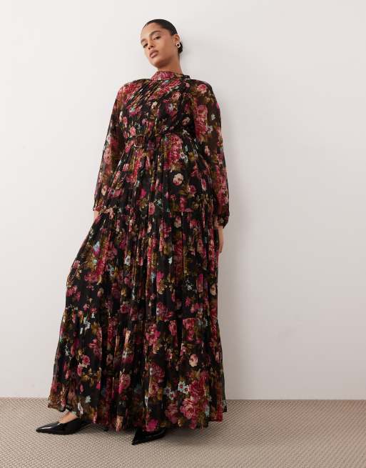 Lace & Beads Plus long sleeve maxi dress in black floral print, 4 of 4