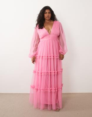 Lace & Beads Plus Long Sleeve Maxi Dress In Pink