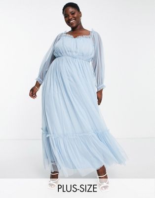 Lace & Beads Plus long sleeve maxi dress in powder blue