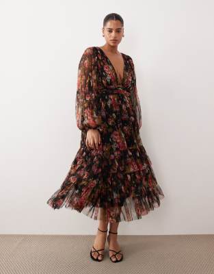 Lace & Beads Plus long sleeve midi dress in black floral print
