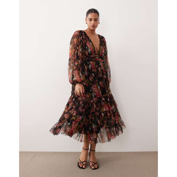 Lace & Beads Plus long sleeve midi dress in black floral print | ASOS