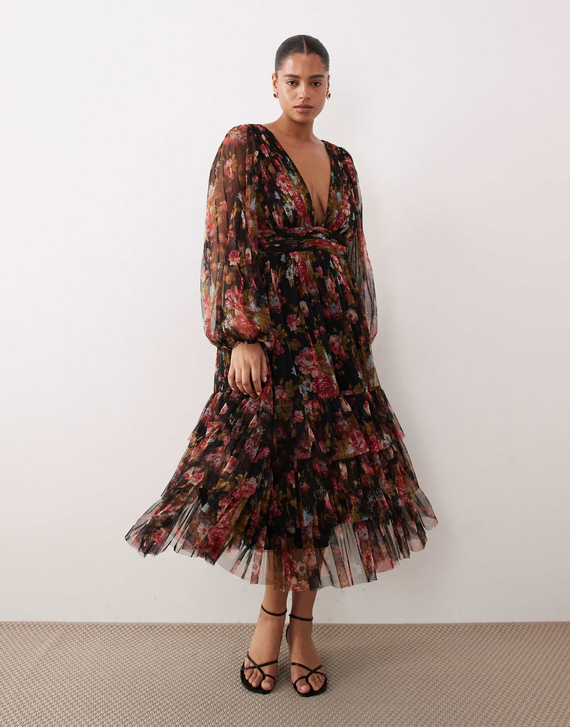 lace & beads plus long sleeve midi dress in black floral print