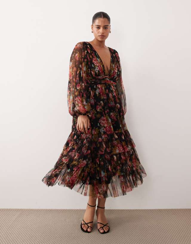 Lace & Beads Plus long sleeve midi dress in black floral print
