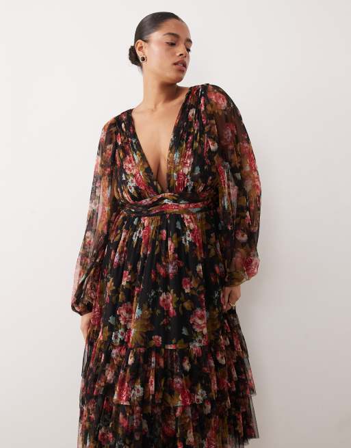 Lace & Beads Plus long sleeve midi dress in black floral print, 2 of 4