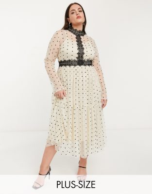 lace & beads midi dress in spotty mesh with lace inserts in cream