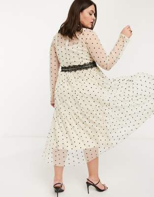 lace & beads midi dress in spotty mesh with lace inserts in cream