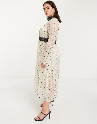 lace & beads midi dress in spotty mesh with lace inserts in cream