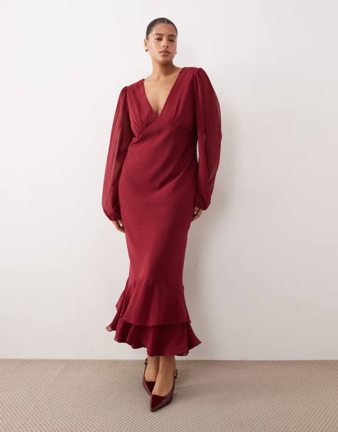 Lace & Beads Plus long sleeve ruffle hem maxi dress in raspberry - view 1