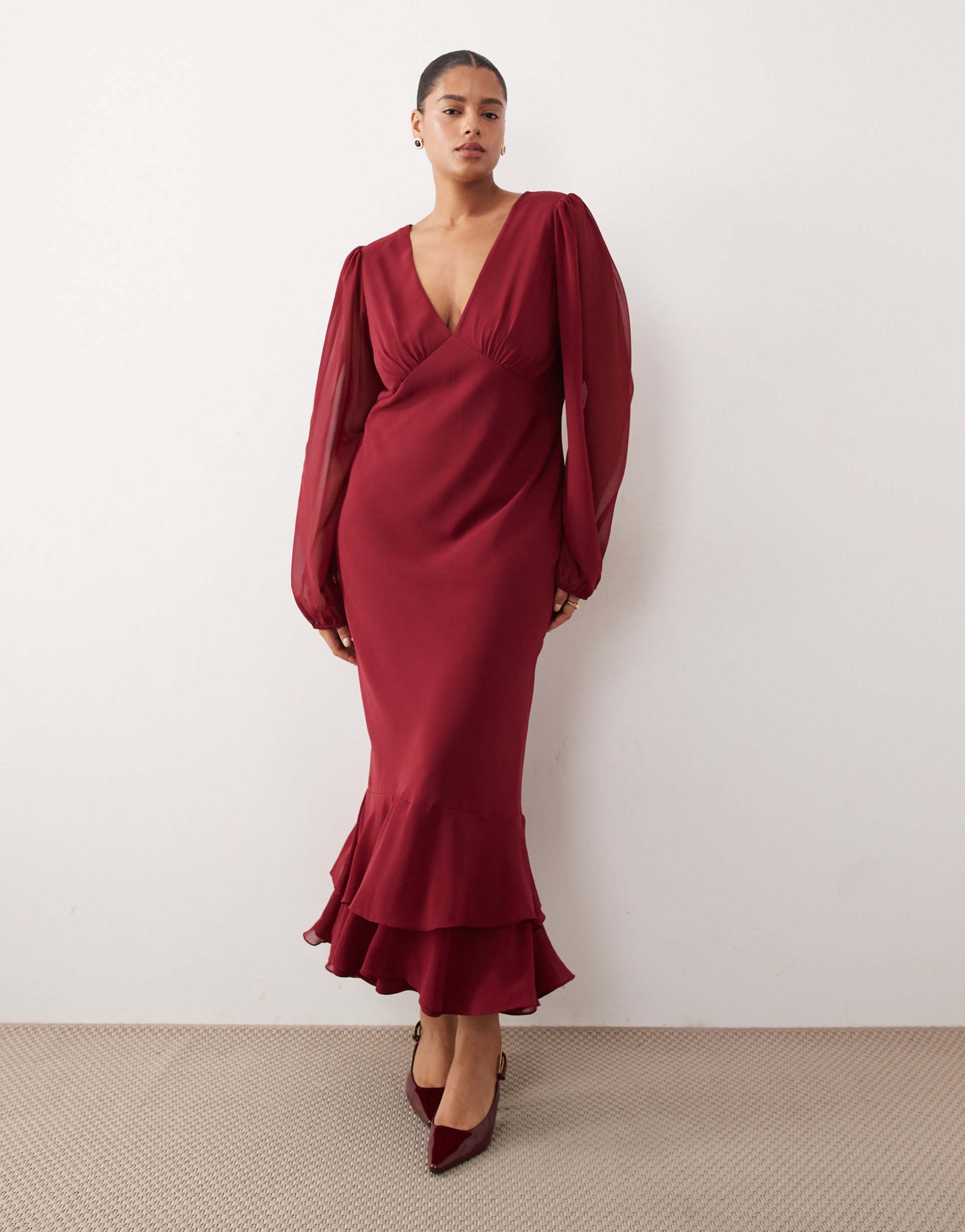 lace & beads plus long sleeve ruffle hem maxi dress in raspberry