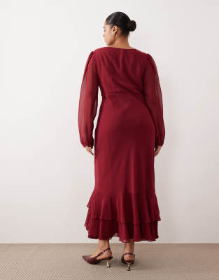 Lace & Beads Plus Long Sleeve Ruffle Hem Maxi Dress In Red