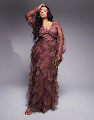 Lace & Beads Plus Lace & Beads Plus long sleeve ruffle maxi dress in brown animal print-Red