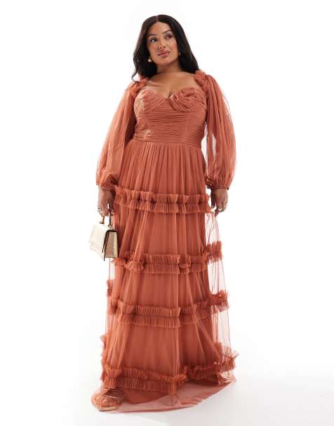 Lace & Beads Plus long sleeve ruffle maxi in rose brown - view 1