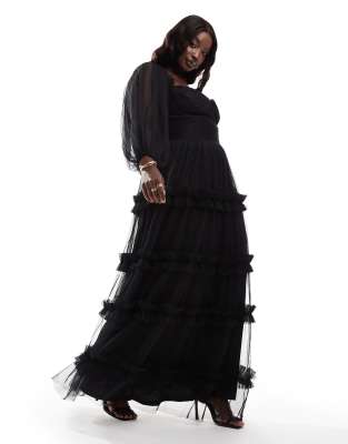 Lace & Beads Plus Lace & Beads Plus long sleeve ruffle tulle maxi dress in black